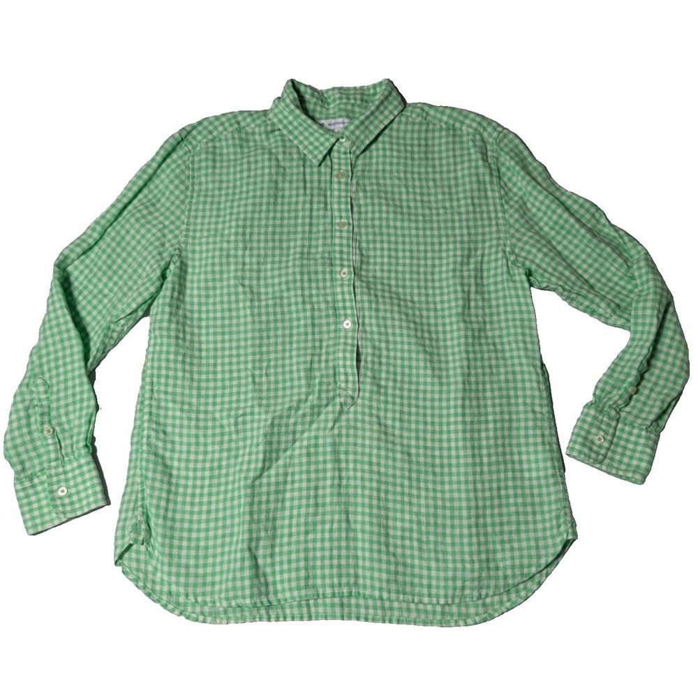 SOUTHERN TIDE‎ LINEN Women Large Green Gingham 1/2 Button Hadley Popover Top